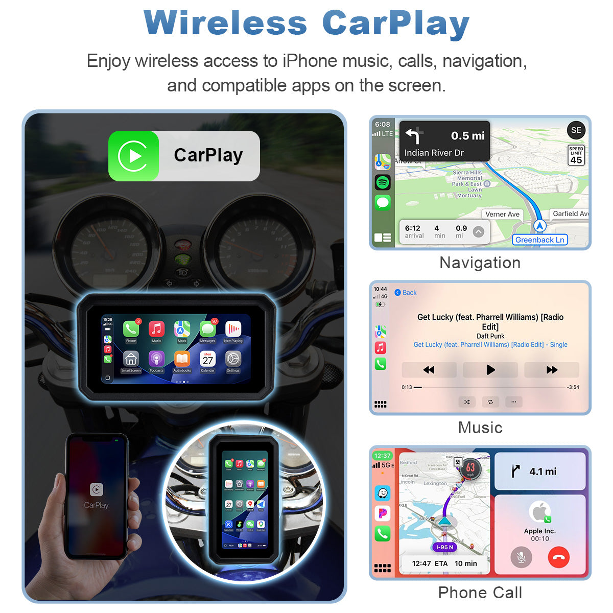 Linkifun™ MT9A 6" Motorcycle Navigation Screen with Wireless CarPlay & Android Auto, Portrait & Landscape Mode, Quick-Release Bracket, Single Bluetooth, Optional TPMS
