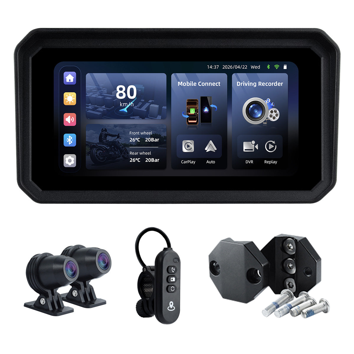 Linkifun™ MT9B-DVR 6" Motorcycle Navigation Screen with Wireless CarPlay & Android Auto, Dual 1080P DVR, BSD, TPMS, IP67 Waterproof