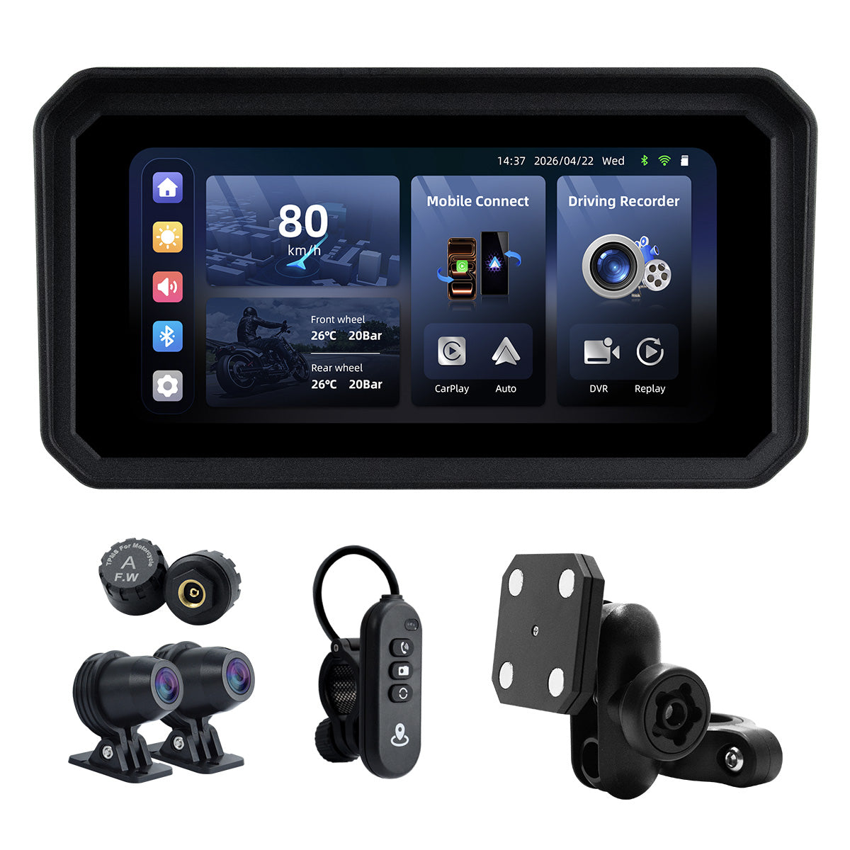 Linkifun™ MT9B-DVR 6" Motorcycle Navigation Screen with Wireless CarPlay & Android Auto, Dual 1080P DVR, BSD, TPMS, IP67 Waterproof