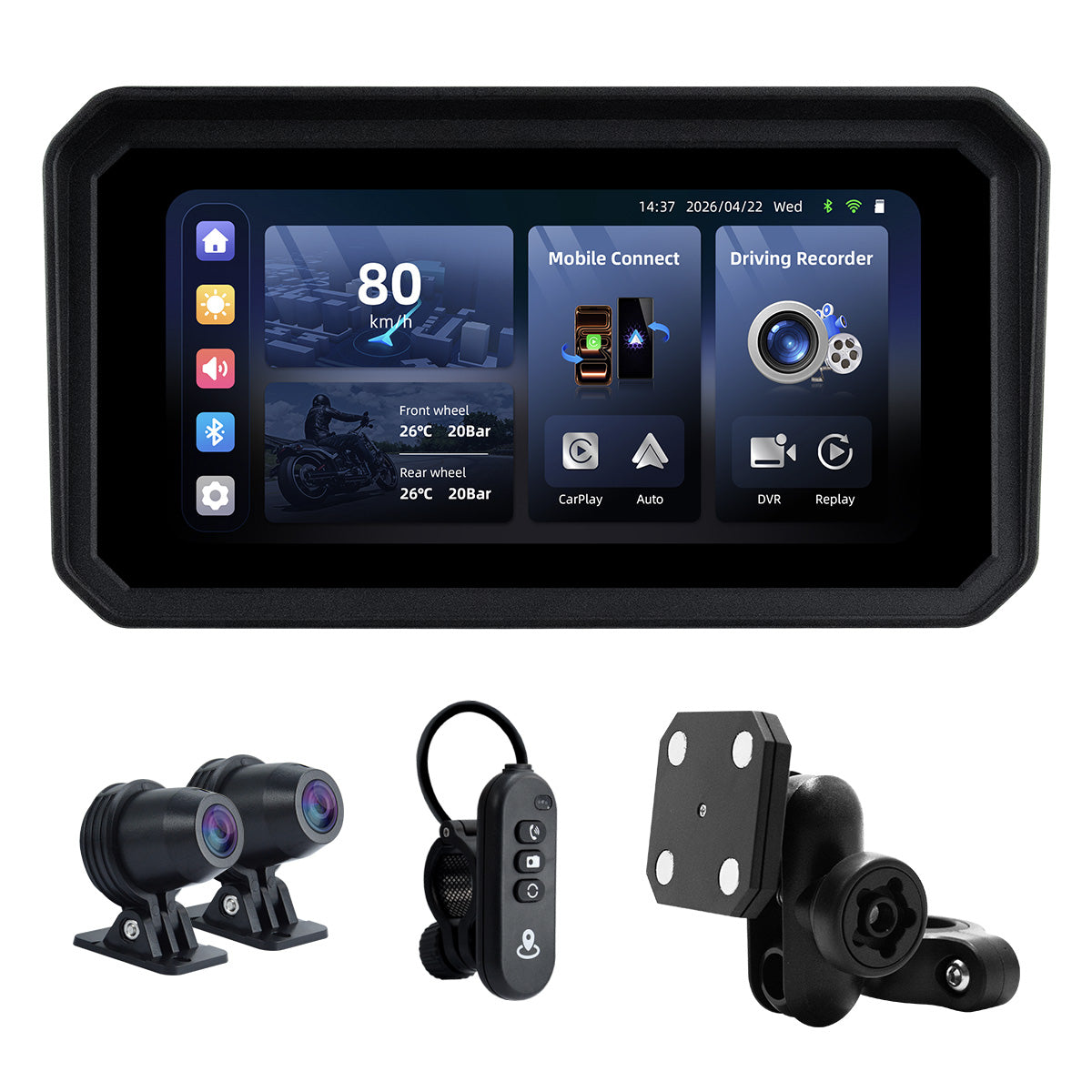 Linkifun™ MT9B-DVR 6" Motorcycle Navigation Screen with Wireless CarPlay & Android Auto, Dual 1080P DVR, BSD, TPMS, IP67 Waterproof