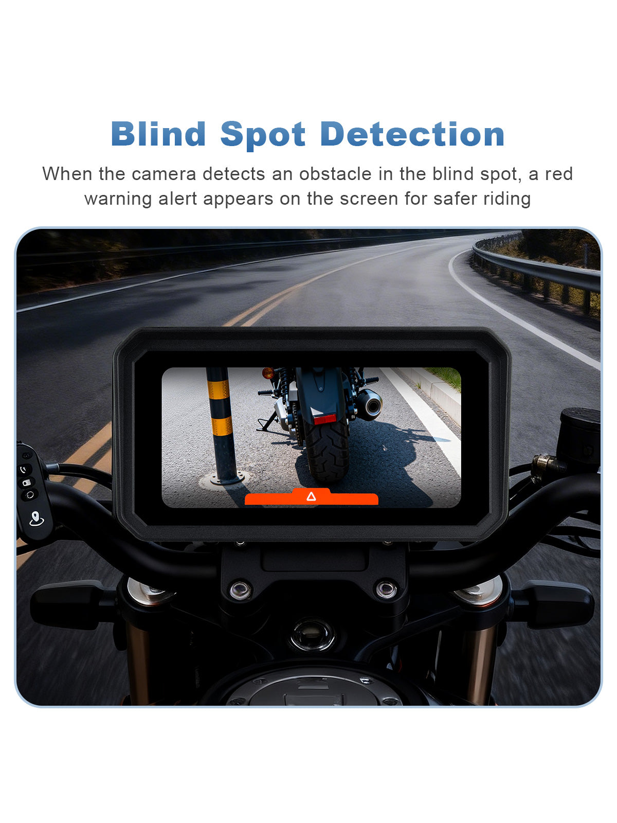 Linkifun MT9B-DVR motorcycle navigation screen with blind spot detection and real-time red warning alerts for nearby vehicles and objects