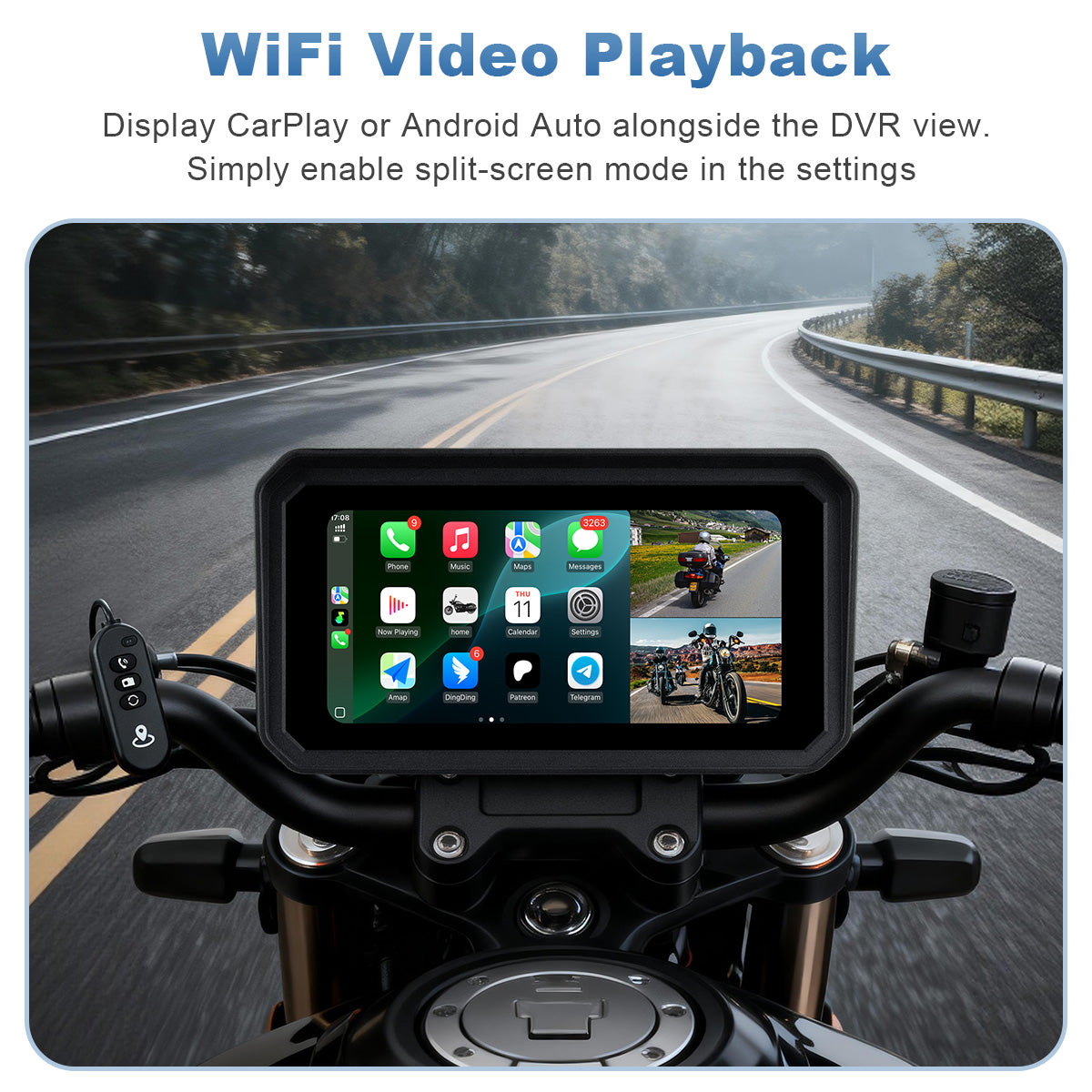 Linkifun™ MT9B-DVR 6" Motorcycle Navigation Screen with Wireless CarPlay & Android Auto, Dual 1080P DVR, BSD, TPMS, IP67 Waterproof