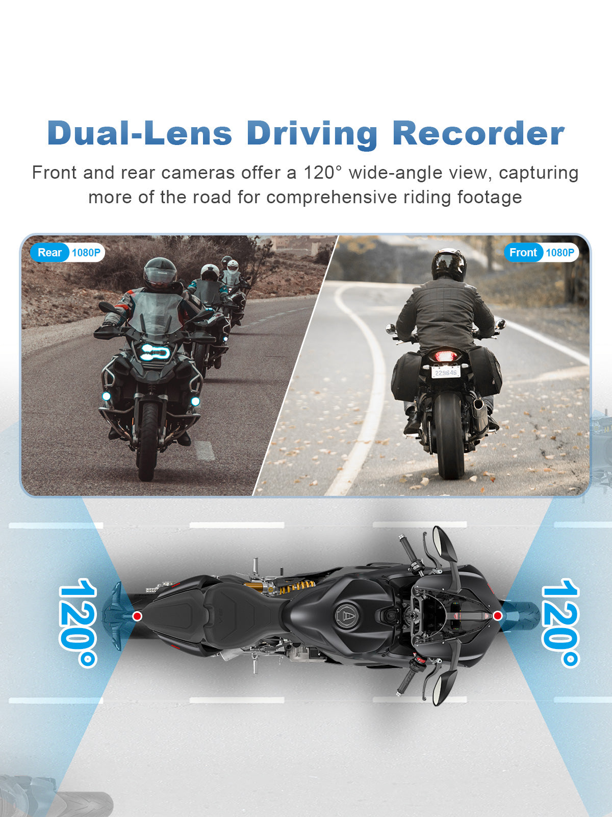 Linkifun MT9B-DVR motorcycle navigation screen with dual front and rear cameras, simultaneous recording, and 120-degree wide-angle DVR coverage