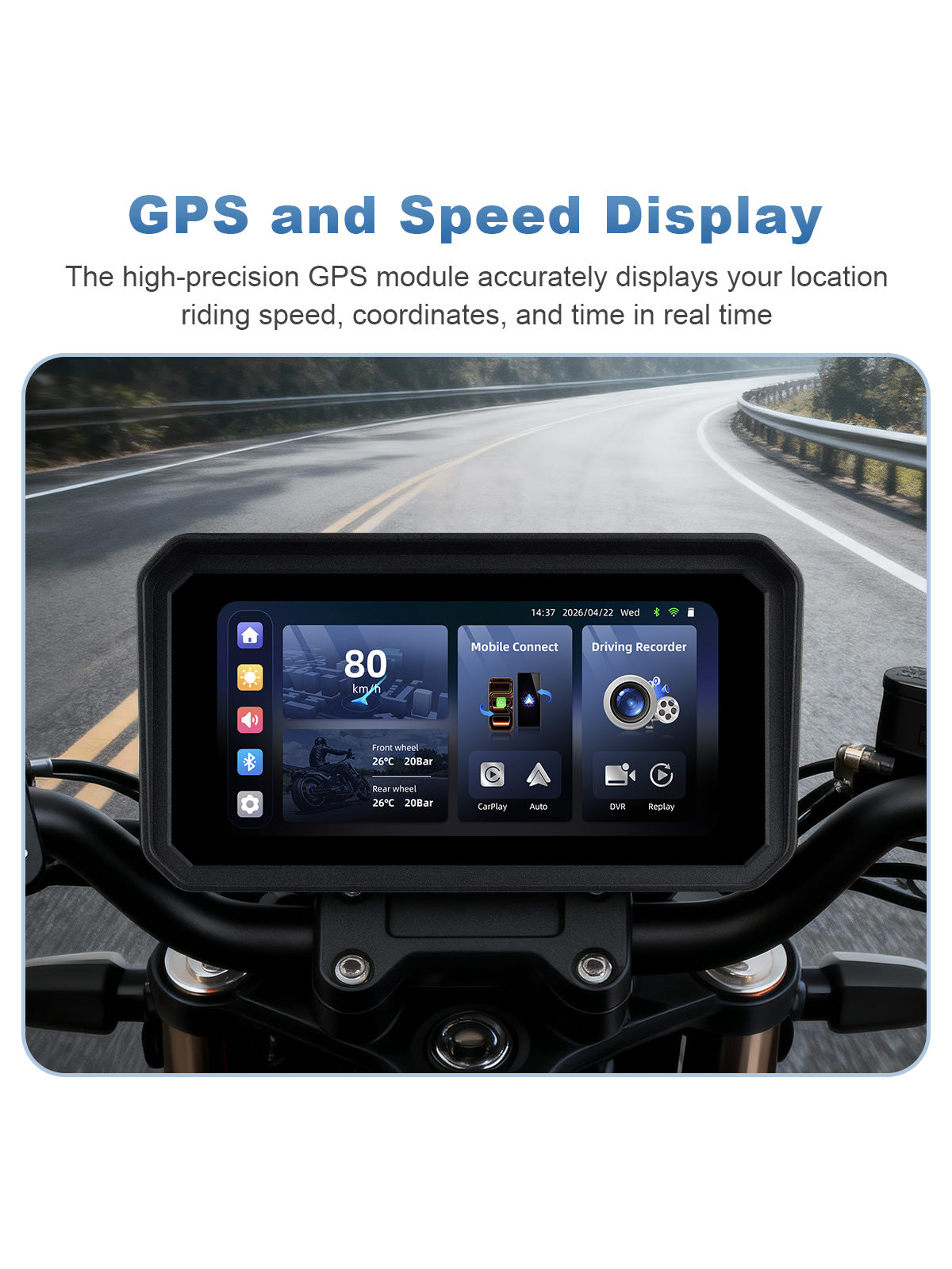 Linkifun MT9B-DVR motorcycle navigation screen with high-precision GPS, real-time riding speed, location coordinates, and time display