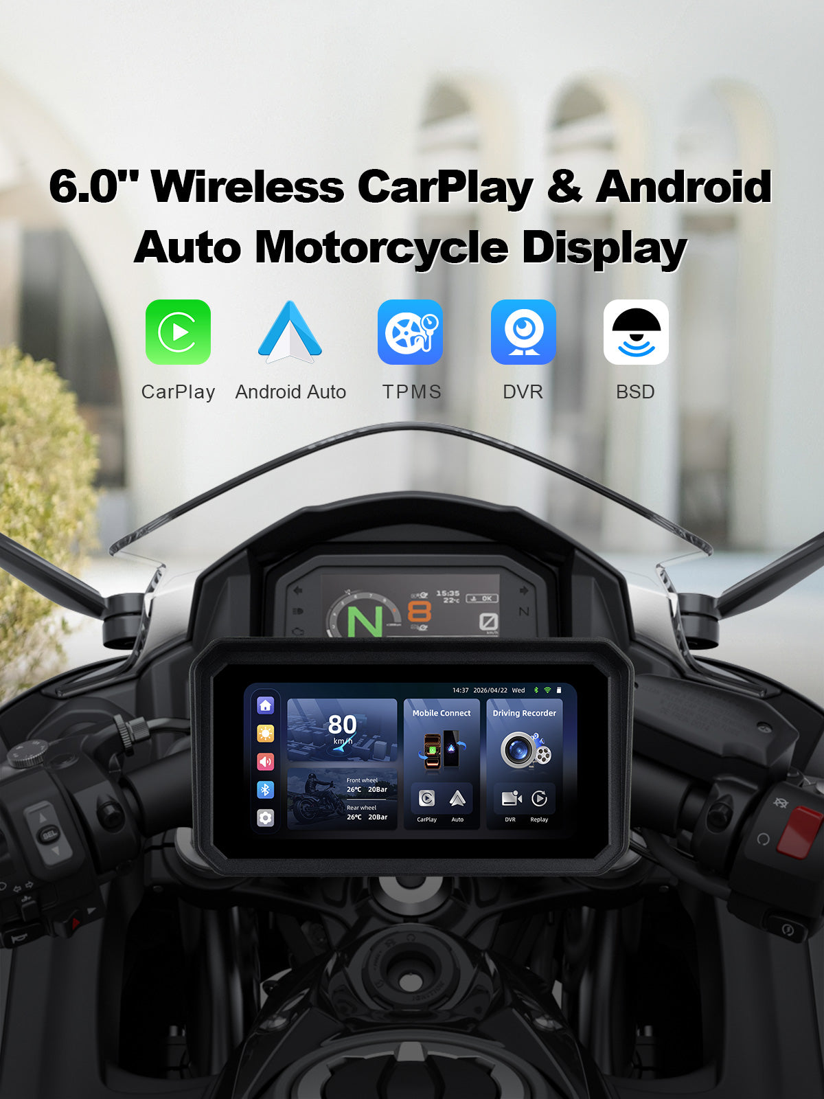 Linkifun MT9B-DVR motorcycle navigation screen with wireless CarPlay, Android Auto, dual front and rear DVR cameras, and TPMS monitoring