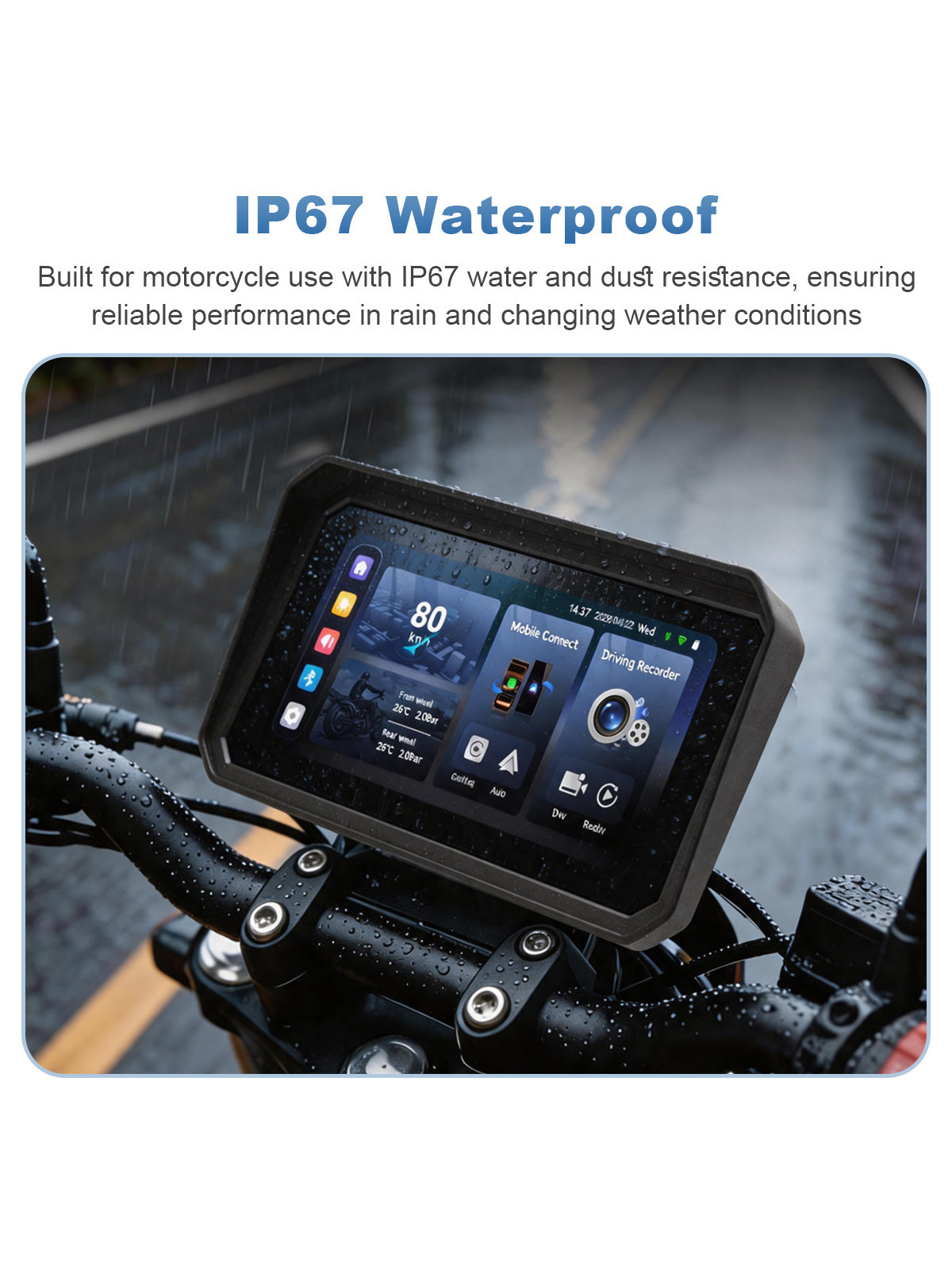 Linkifun MT9B-DVR motorcycle navigation screen with IP67 waterproof and dustproof protection for rain, splashes, dust, and outdoor riding conditions