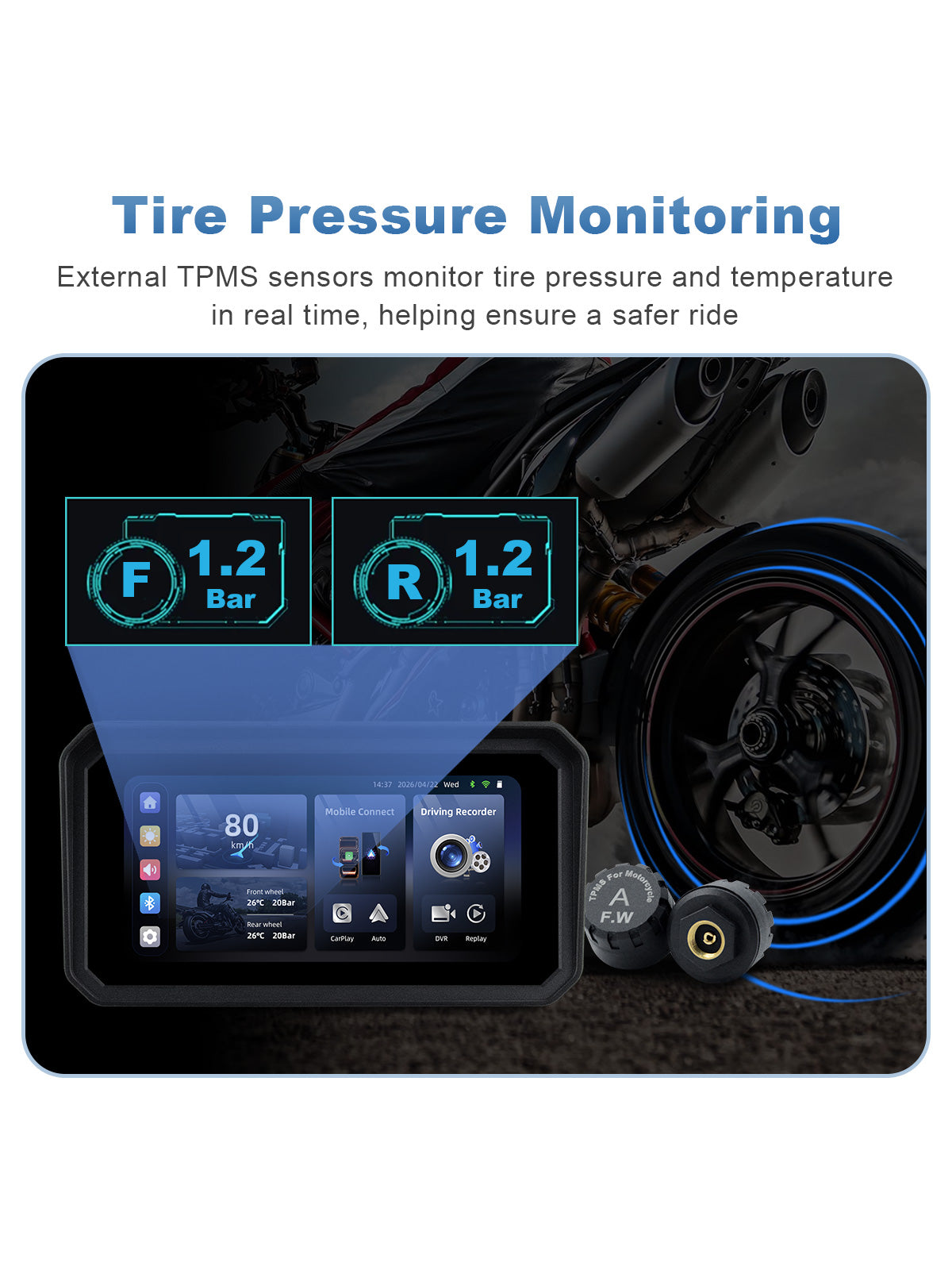Linkifun MT9B-DVR motorcycle navigation screen with external TPMS sensors displaying real-time tire pressure and temperature data