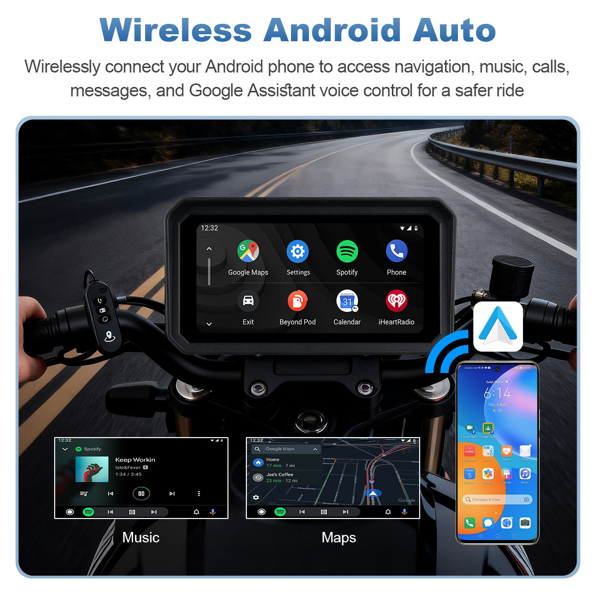 Linkifun™ MT9B-DVR 6" Motorcycle Navigation Screen with Wireless CarPlay & Android Auto, Dual 1080P DVR, BSD, TPMS, IP67 Waterproof
