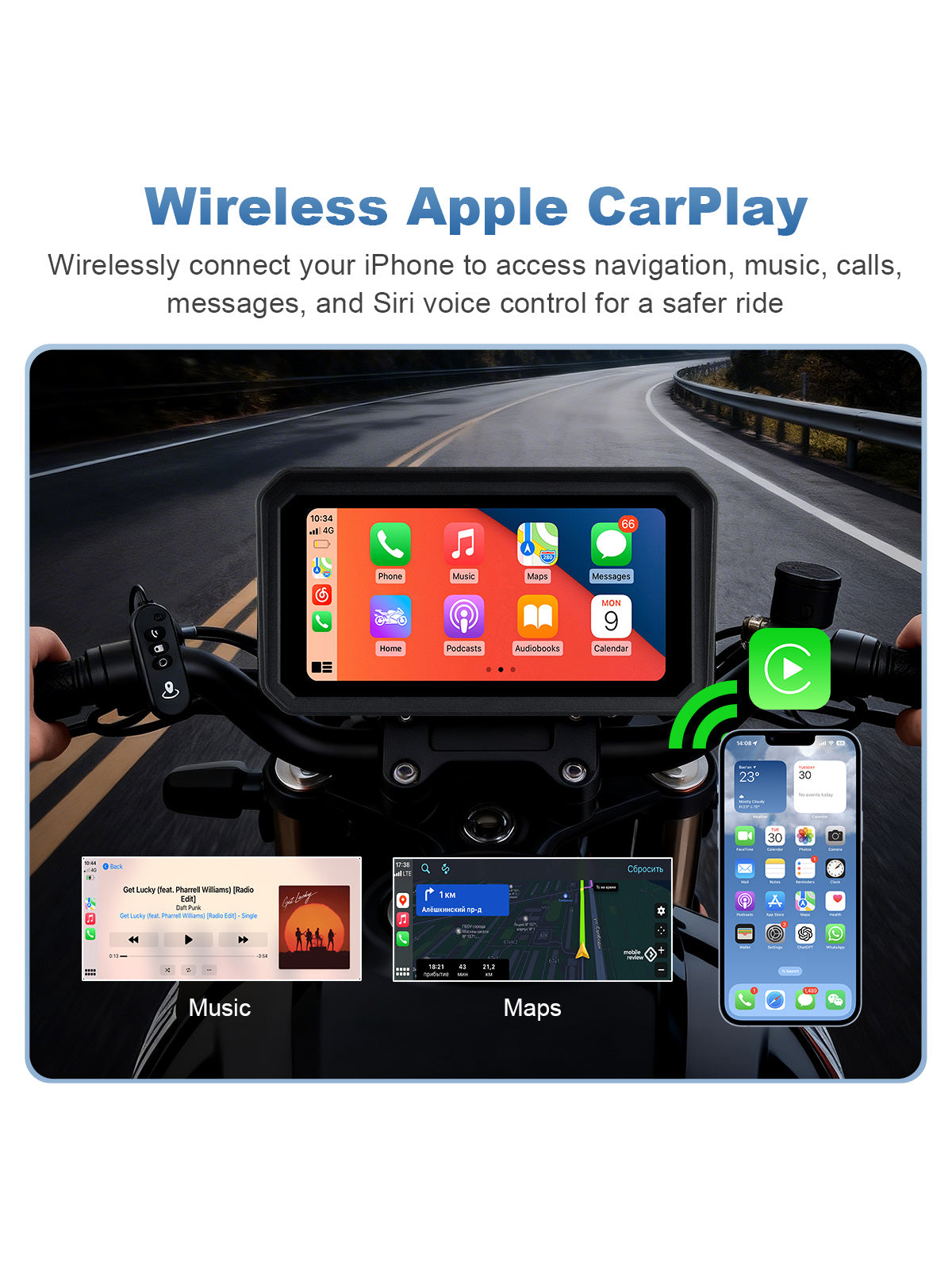 Linkifun MT9B-DVR motorcycle navigation screen with wireless Apple CarPlay for Apple Maps, music, calls, messages, and Siri