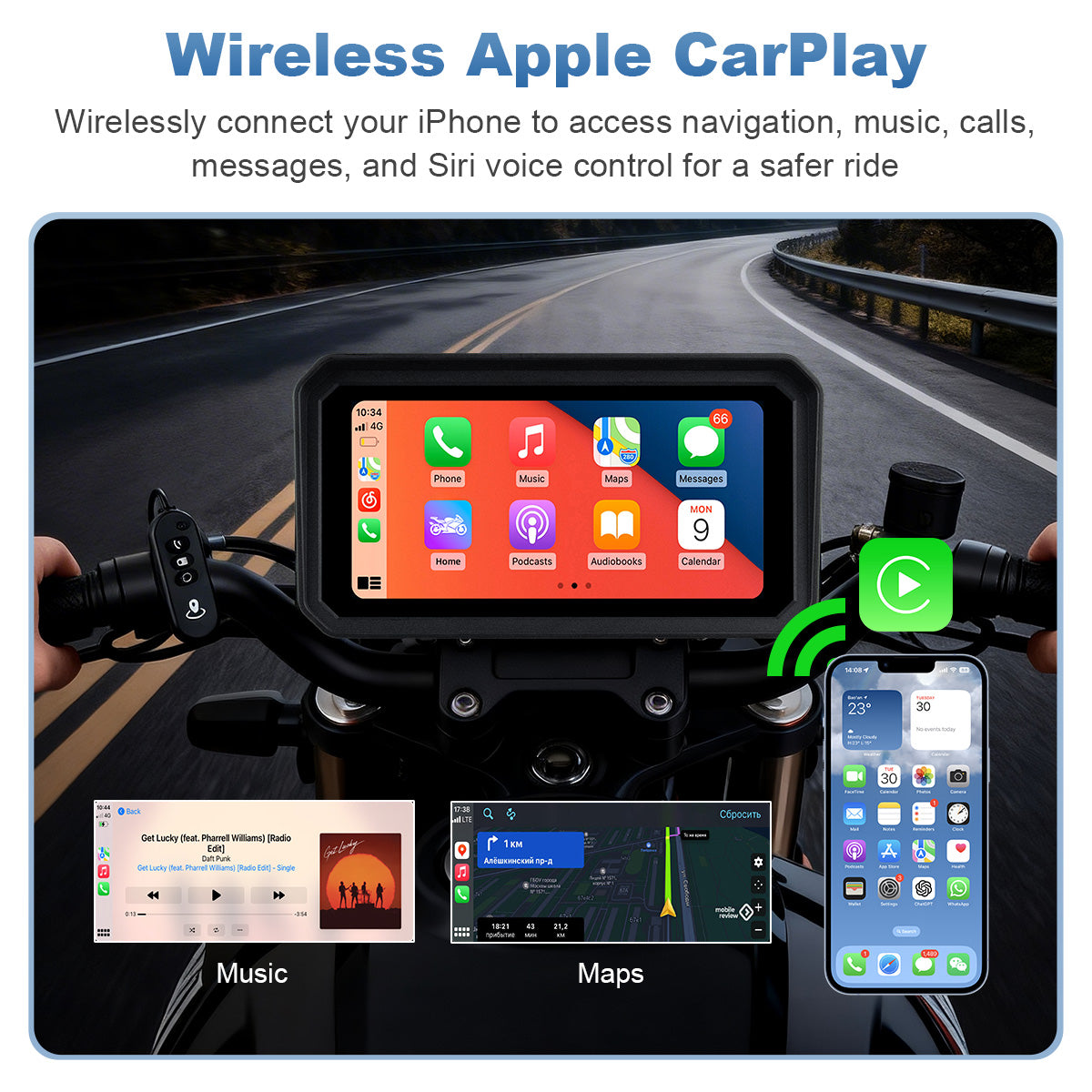 Linkifun™ MT9B-DVR 6" Motorcycle Navigation Screen with Wireless CarPlay & Android Auto, Dual 1080P DVR, BSD, TPMS, IP67 Waterproof