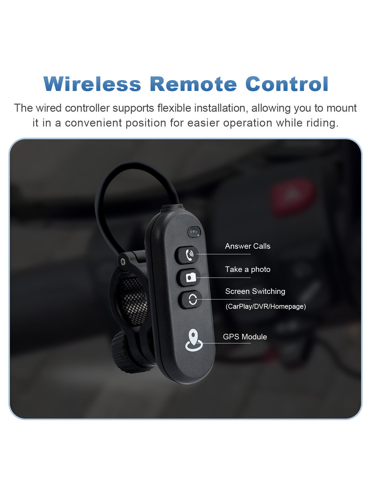 Linkifun MT9B-DVR motorcycle navigation screen with wireless remote control for page switching, menu navigation, and supported riding functions