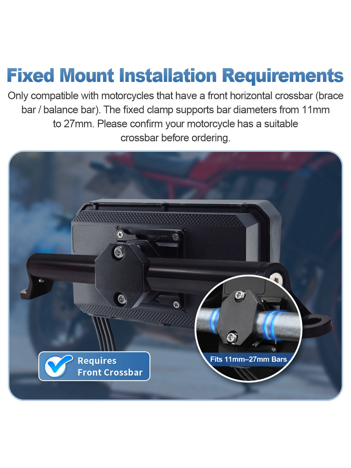 Linkifun MT9b motorcycle navigation screen with a secure fixed bracket designed for 11–27 mm front horizontal crossbars.