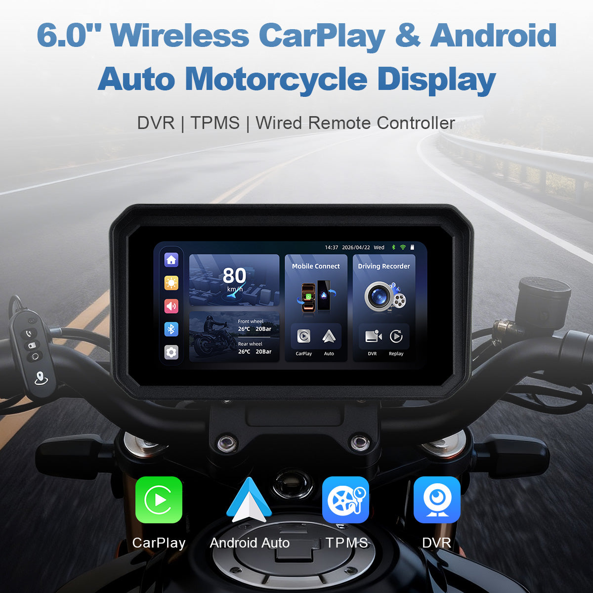 Linkifun™ MT9C-DVR 6" Motorcycle Navigation Screen with Wireless CarPlay & Android Auto, Dual 1080P DVR, TPMS, IP67 Waterproof