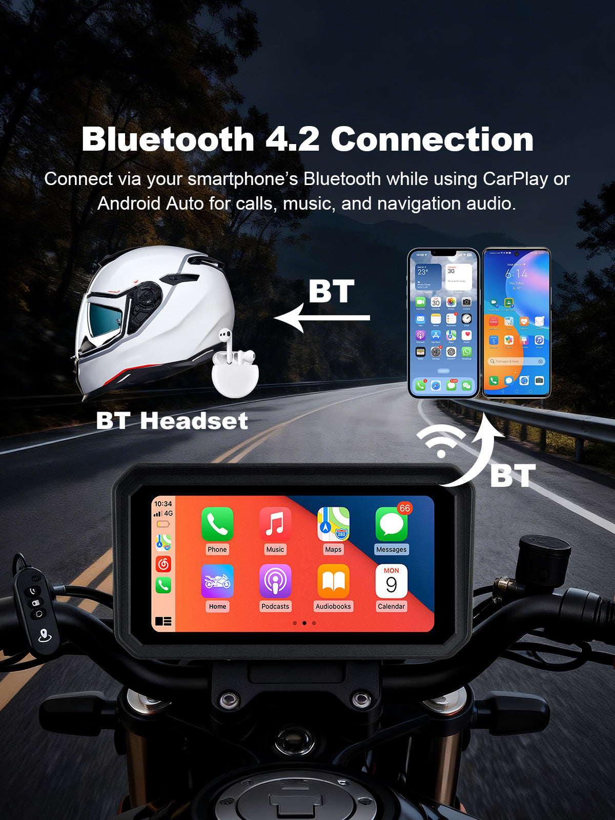 Linkifun MT9C-DVR motorcycle navigation screen with Bluetooth 4.2 connectivity for calls, music, and navigation audio through a compatible helmet headset.