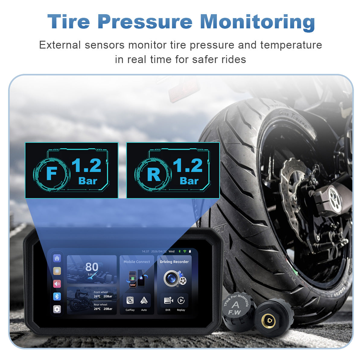 Linkifun™ MT9C-DVR 6" Motorcycle Navigation Screen with Wireless CarPlay & Android Auto, Dual 1080P DVR, TPMS, IP67 Waterproof
