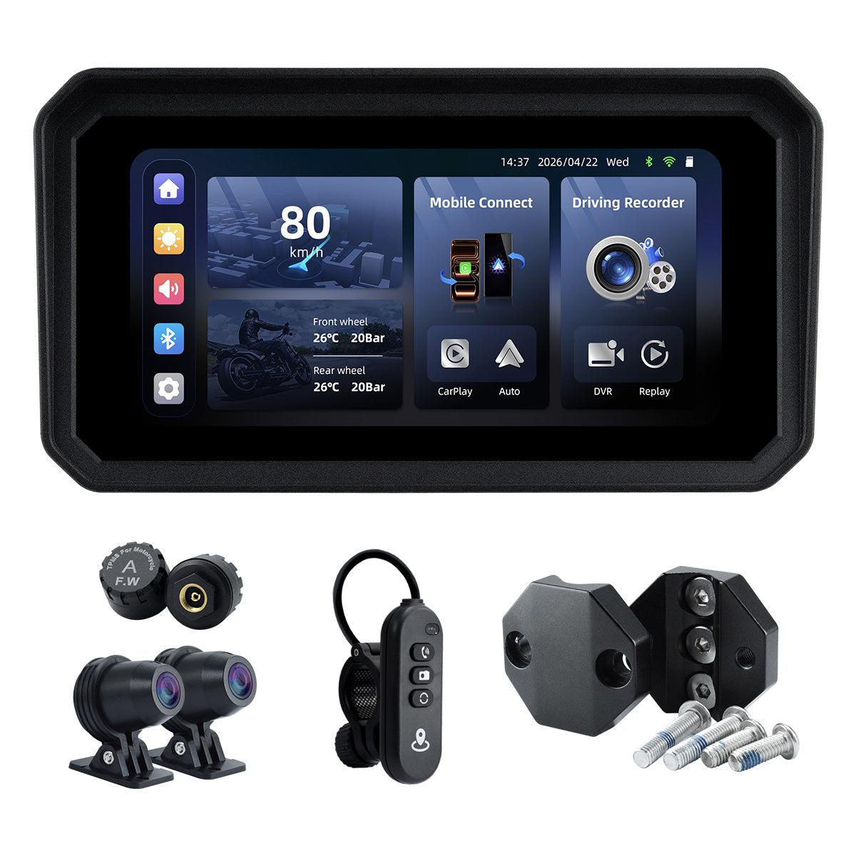 Linkifun™ MT9C-DVR 6" Motorcycle Navigation Screen with Wireless CarPlay & Android Auto, Dual 1080P DVR, TPMS, IP67 Waterproof