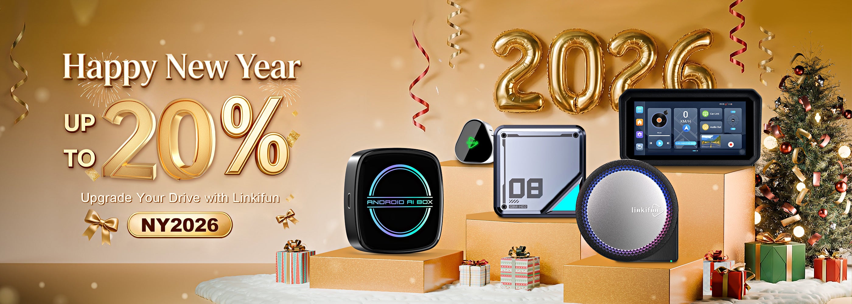 Linkifun New Year Sale 2026 banner offering 20 percent off on wireless CarPlay adapters and motorcycle navigation screens