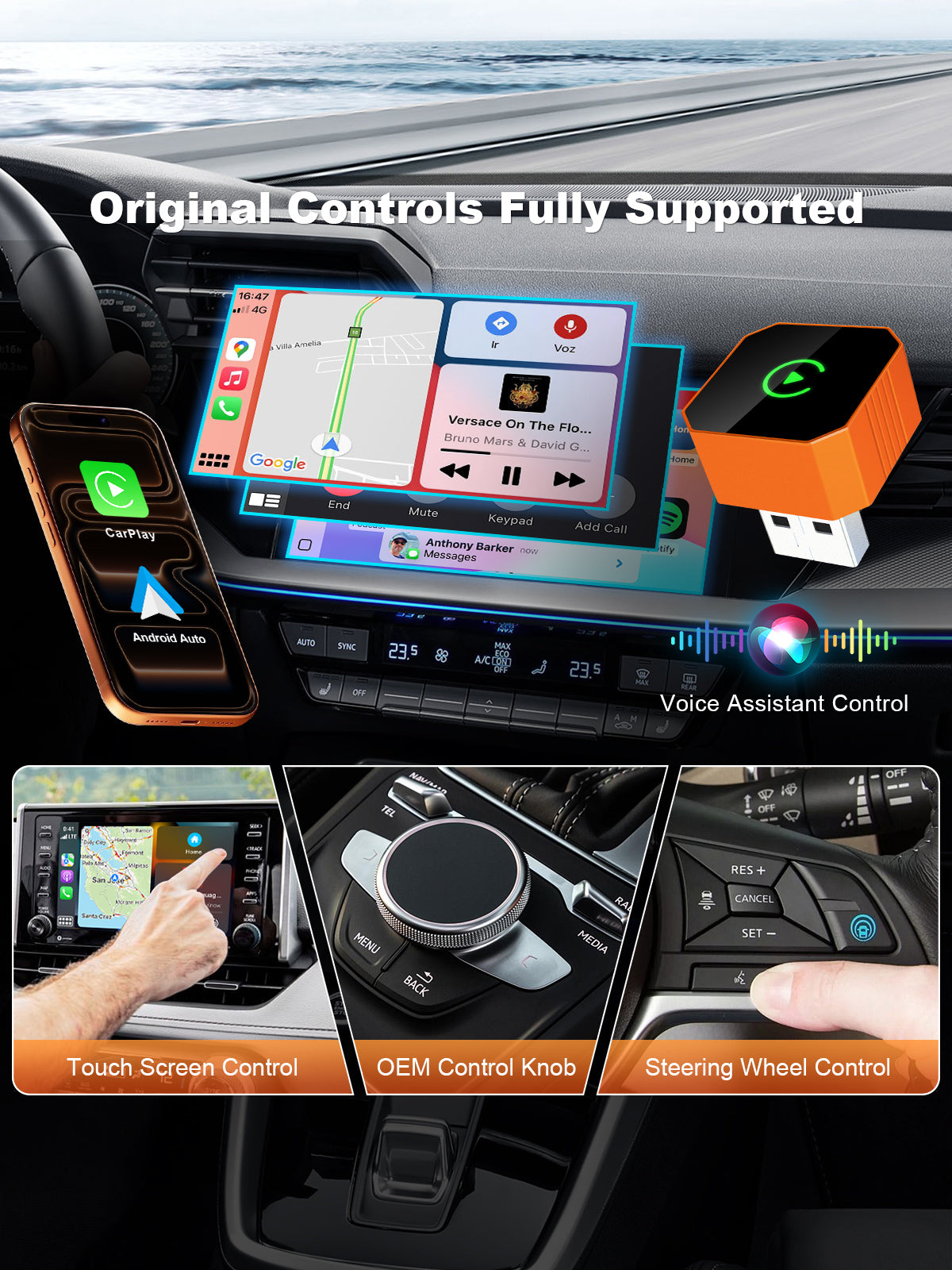 Linkifun RGB GO wireless CarPlay adapter supporting steering wheel and touchscreen controls