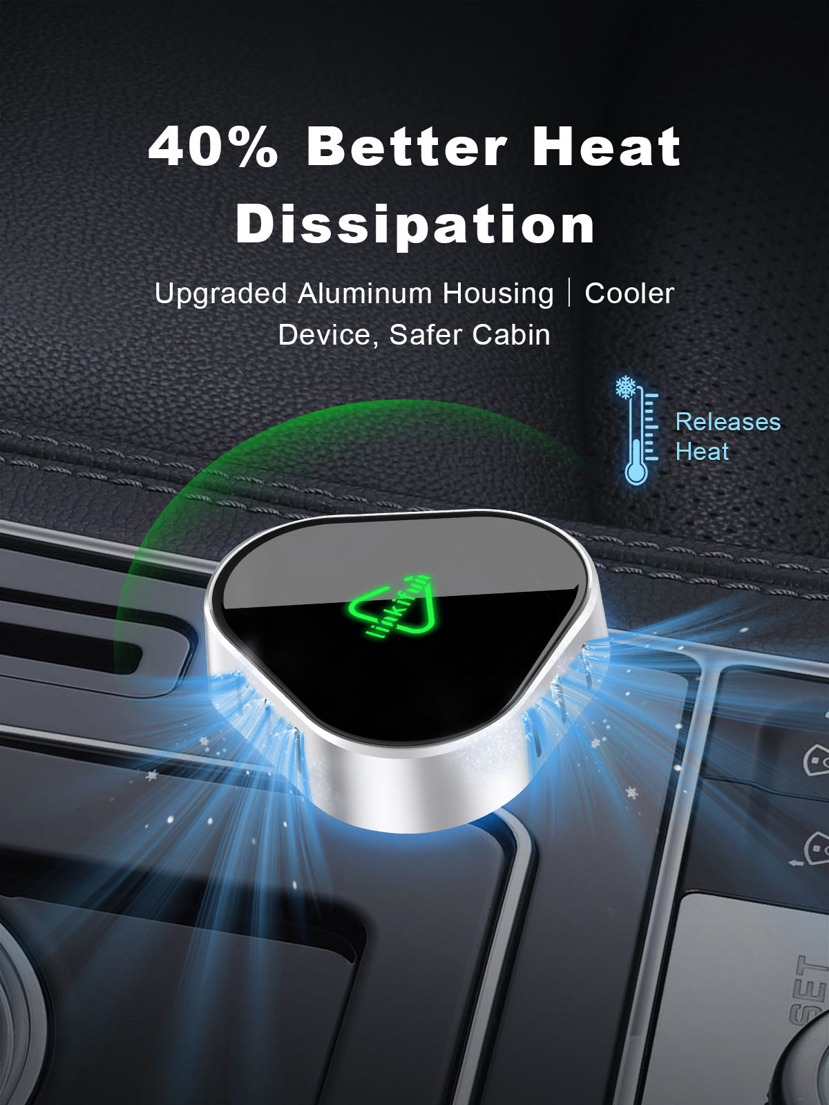 Linkifun RGB Nano Wireless CarPlay and Android Auto Adapter with durable aluminum alloy housing for efficient heat dissipation and stable long-term performance