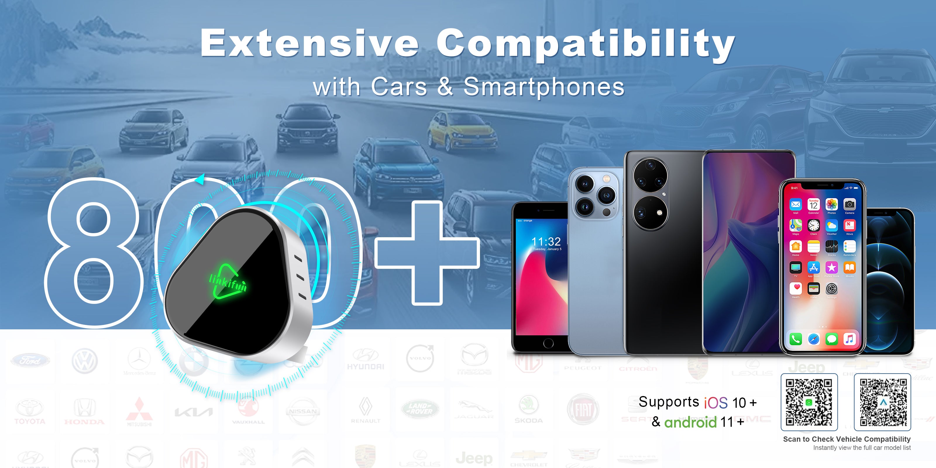 Linkifun RGB Nano Wireless CarPlay and Android Auto Adapter desktop view compatible with 800+ car models and most smartphones with factory-wired CarPlay or Android Auto