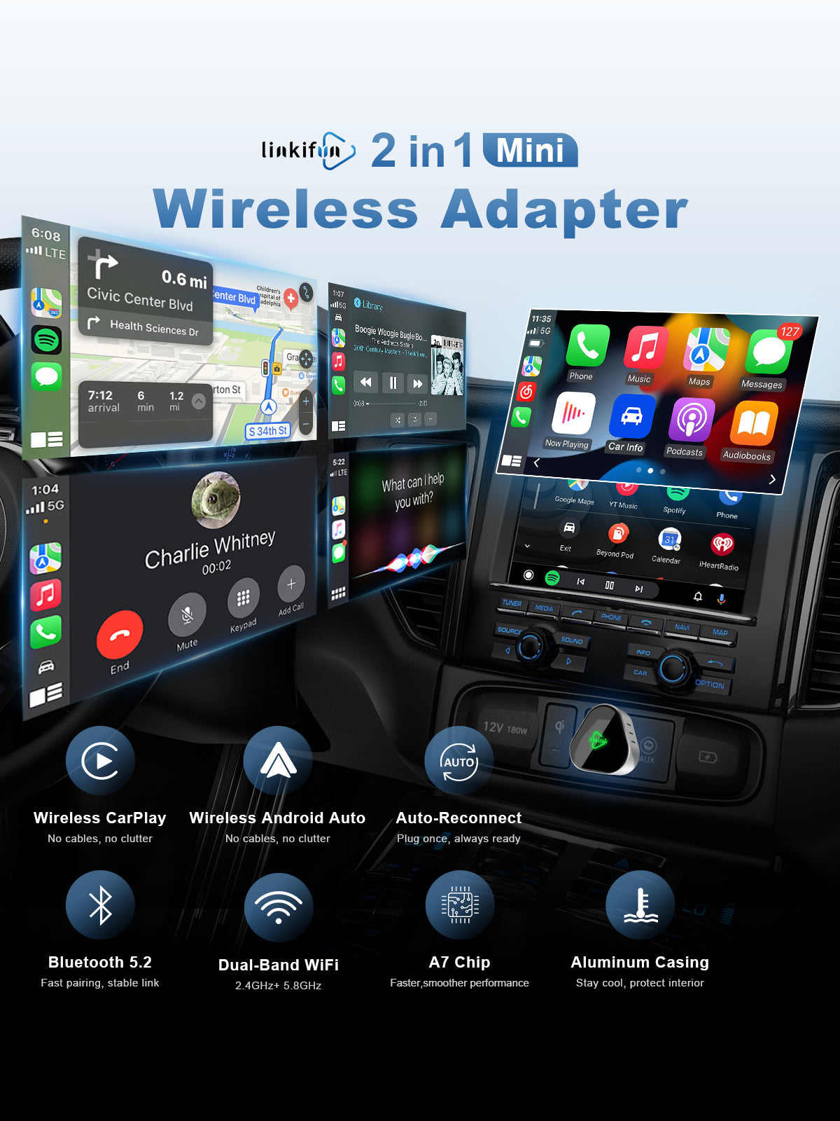 Linkifun RGB Nano Wireless CarPlay and Android Auto Adapter converting factory-wired CarPlay or Android Auto into a fully wireless system via Bluetooth and WiFi