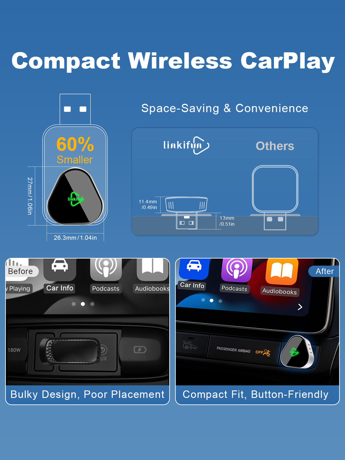 Linkifun RGB Nano Wireless CarPlay and Android Auto Adapter with ultra-compact design, 60% smaller than standard adapters for seamless dashboard fit