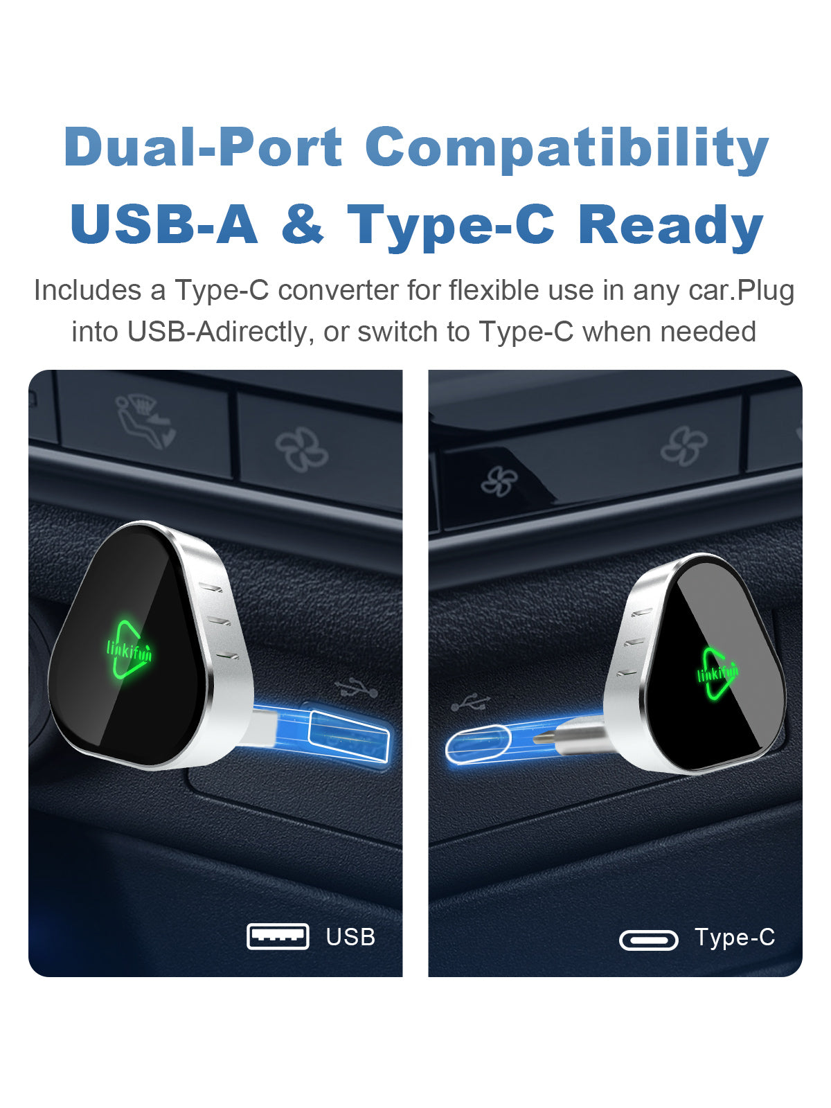 Linkifun RGB Nano Wireless CarPlay and Android Auto Adapter compatible with both USB-A and Type-C car ports for wide vehicle compatibility
