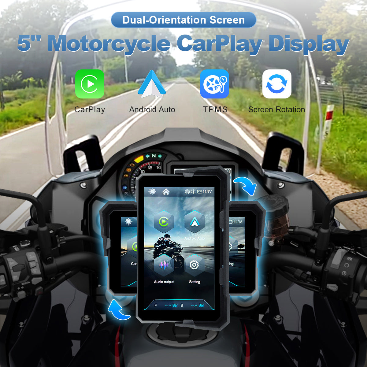 Linkifun™ V5 5" Motorcycle Navigation Screen – Wireless CarPlay & Android Auto, Portrait/Landscape Mode, Optional DVR & TPMS, USB Power