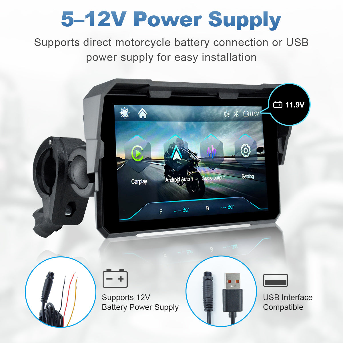 Linkifun™ V5 5" Motorcycle Navigation Screen – Wireless CarPlay & Android Auto, Portrait/Landscape Mode, Optional DVR & TPMS, USB Power