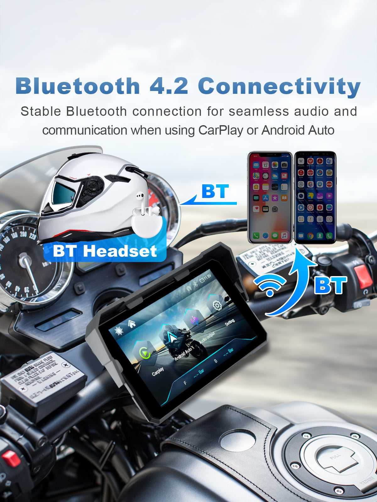 Linkifun V5 5 inch motorcycle display with Bluetooth 4.2 audio support for navigation, music and calls through a helmet headset