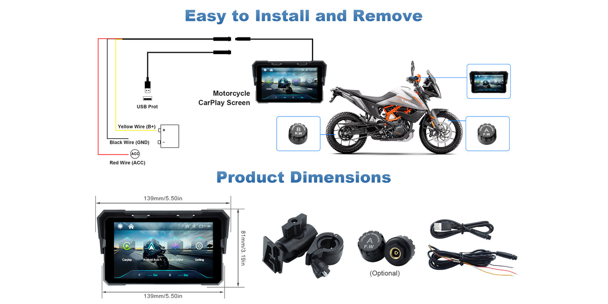 Linkifun V5 5 inch motorcycle display installation guide showing USB and 5-12V power wiring, TPMS sensor placement, product dimensions and accessories