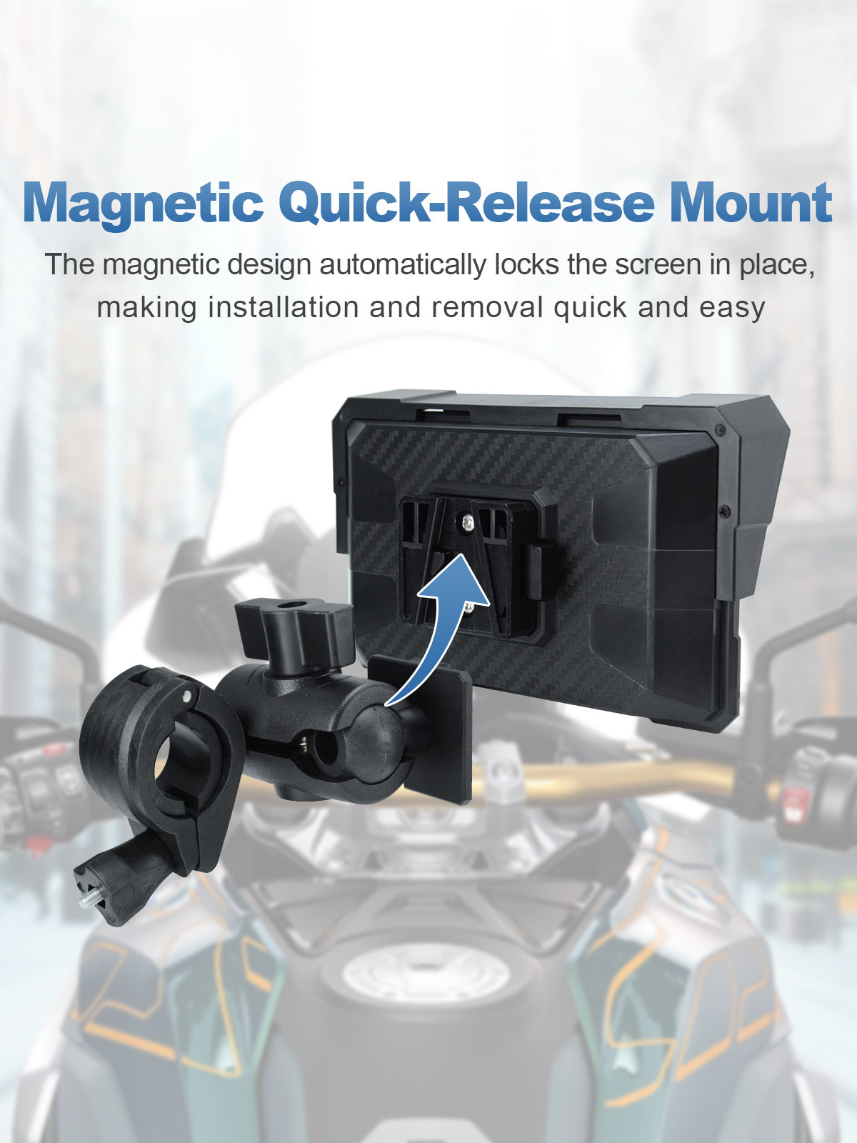 Linkifun V5 5 inch motorcycle display with magnetic quick-release bracket for fast screen installation and removal