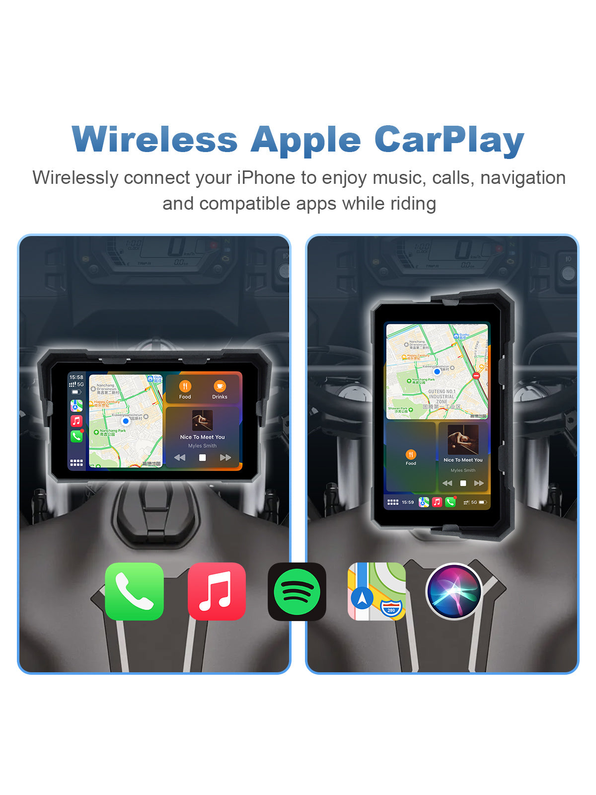 Linkifun V5 5 inch motorcycle display with wireless Apple CarPlay for navigation, music, calls, messages and Siri voice control