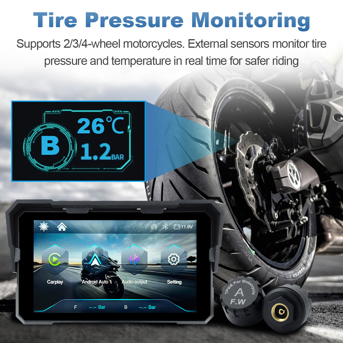 Linkifun™ V5 5" Motorcycle Navigation Screen – Wireless CarPlay & Android Auto, Portrait/Landscape Mode, Optional DVR & TPMS, USB Power