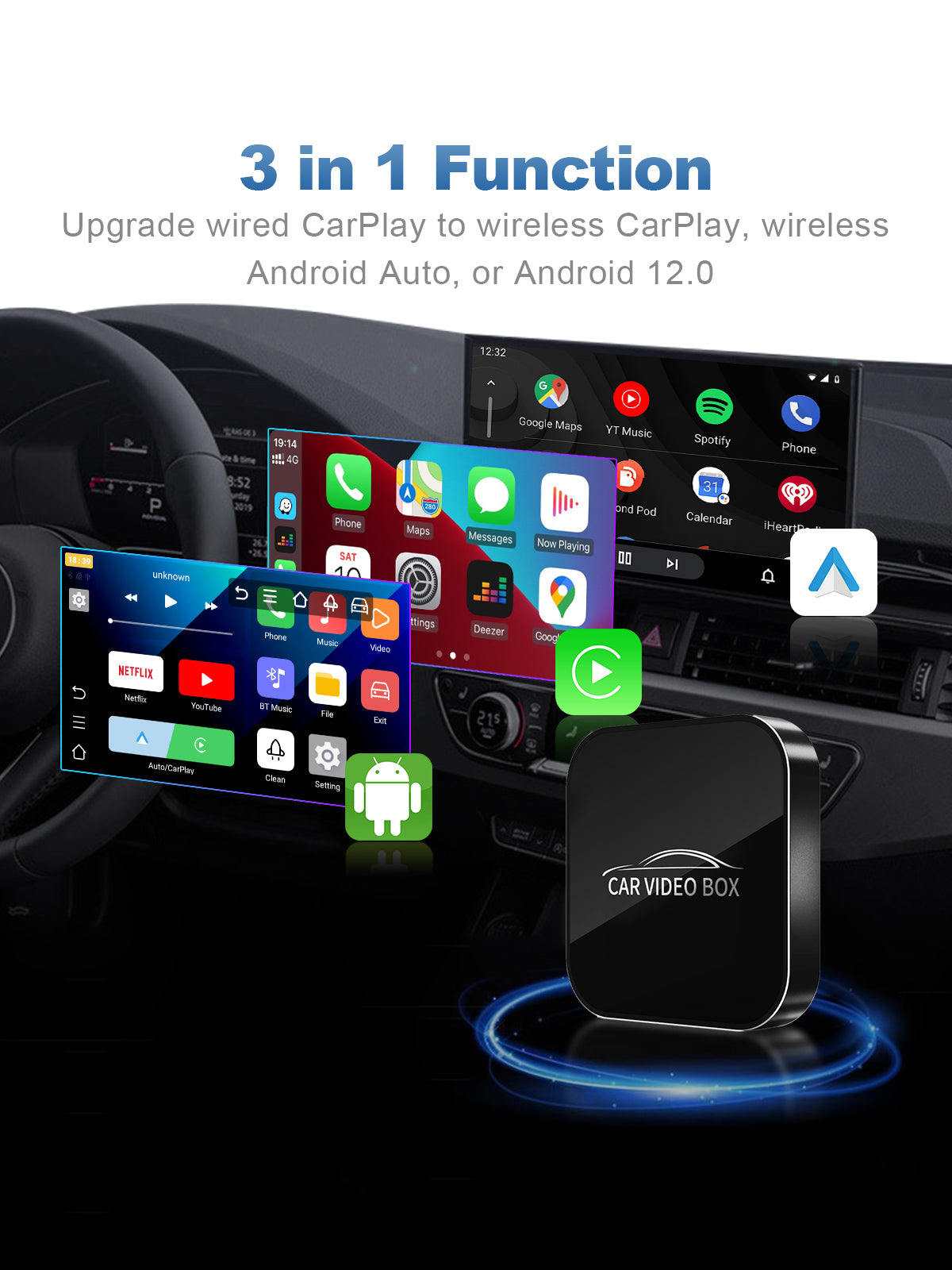 Linkifun Y2 Mini Wireless CarPlay Android Auto Video Box with Android 12 system, 3-in-1 smart AI box for seamless wireless connectivity, navigation, and in-car entertainment