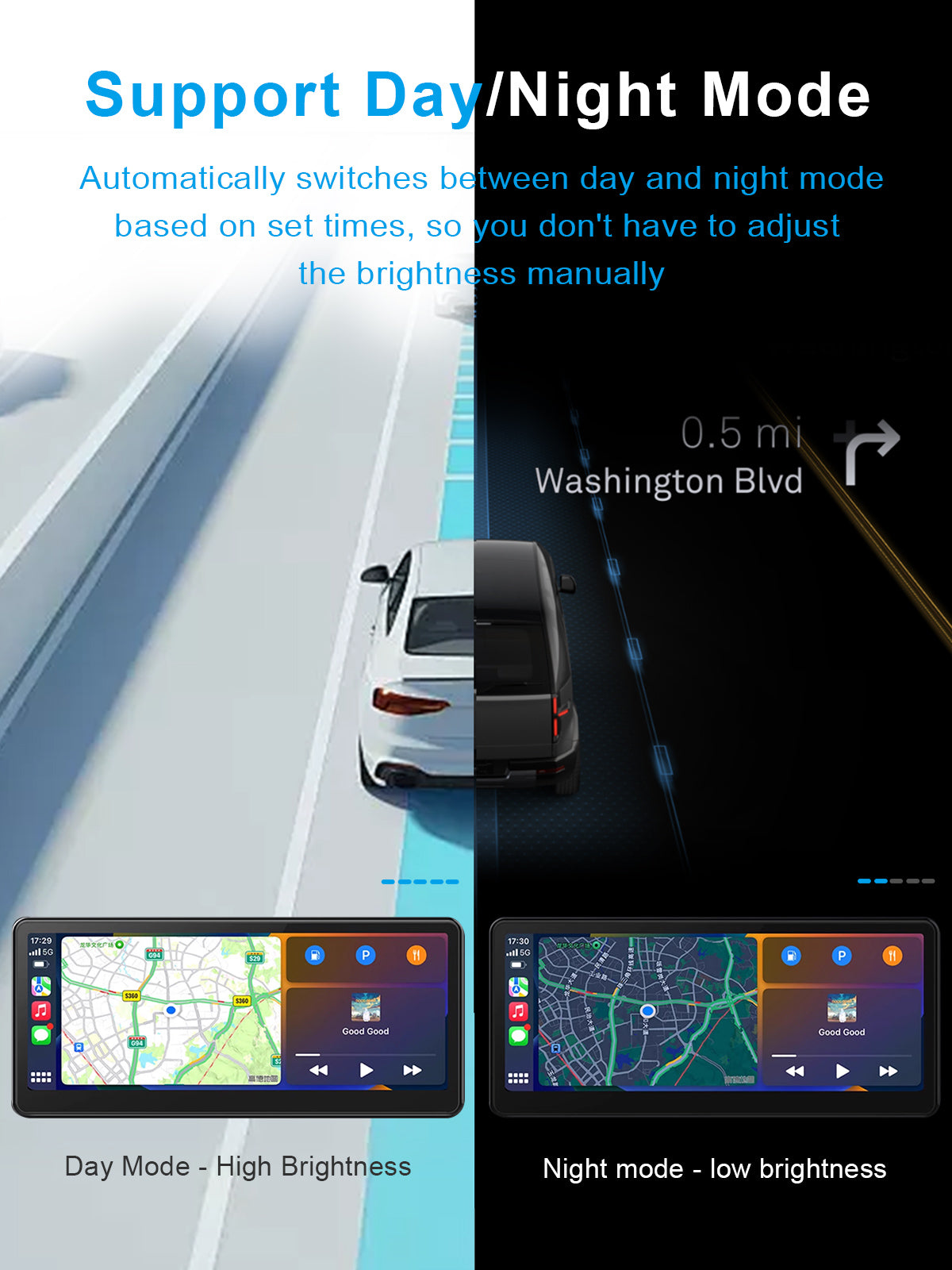 Linkifun Y2 Mini Wireless CarPlay Android Auto Video Box with automatic day and night mode, offering high brightness for daytime clarity and low brightness at night for comfortable viewing