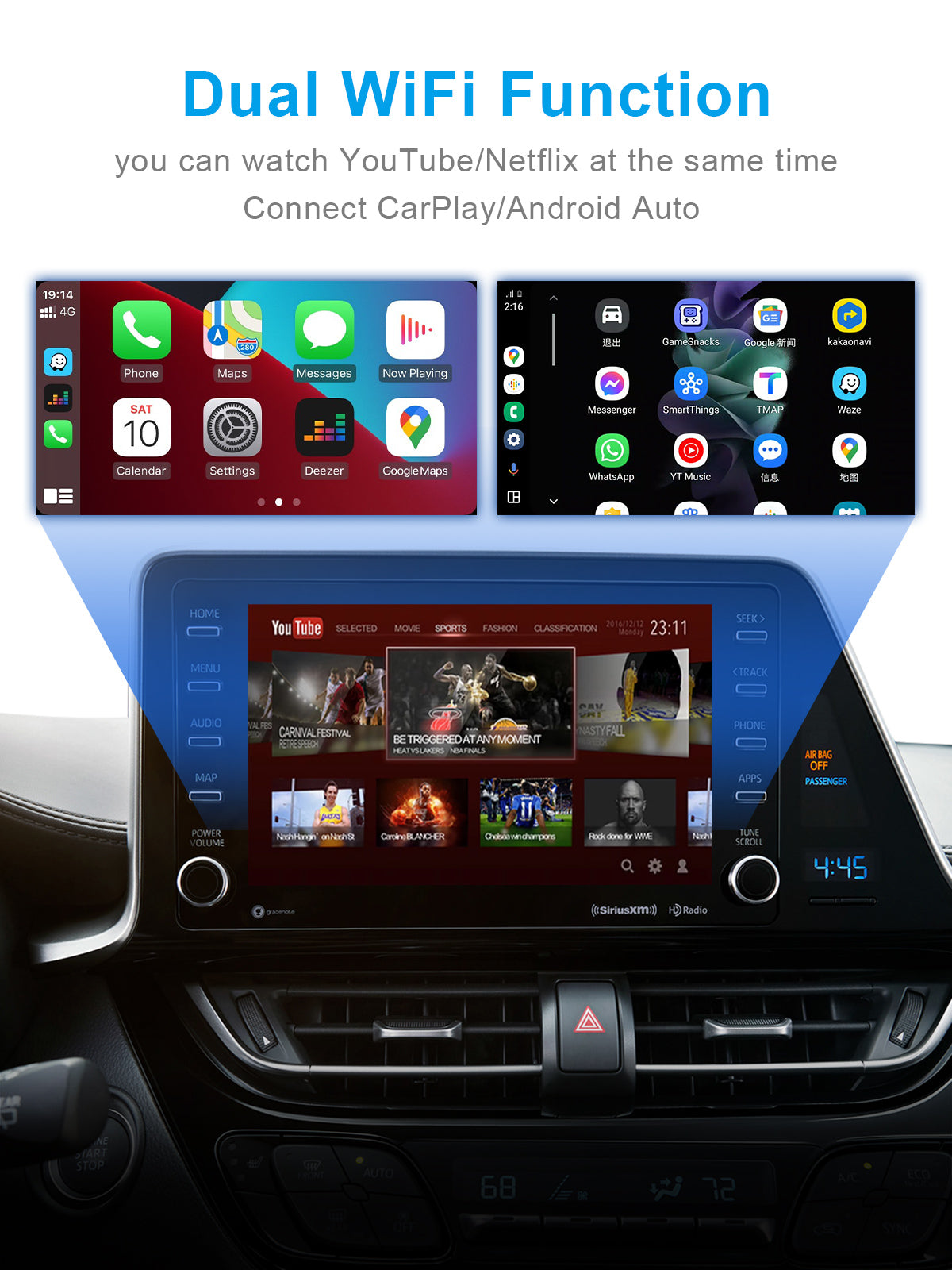 Linkifun Y2 Mini Wireless CarPlay Android Auto Video Box with dual WiFi design, supporting seamless switching between wireless CarPlay, Android Auto, and Android 12 system for streaming apps like YouTube and Netflix
