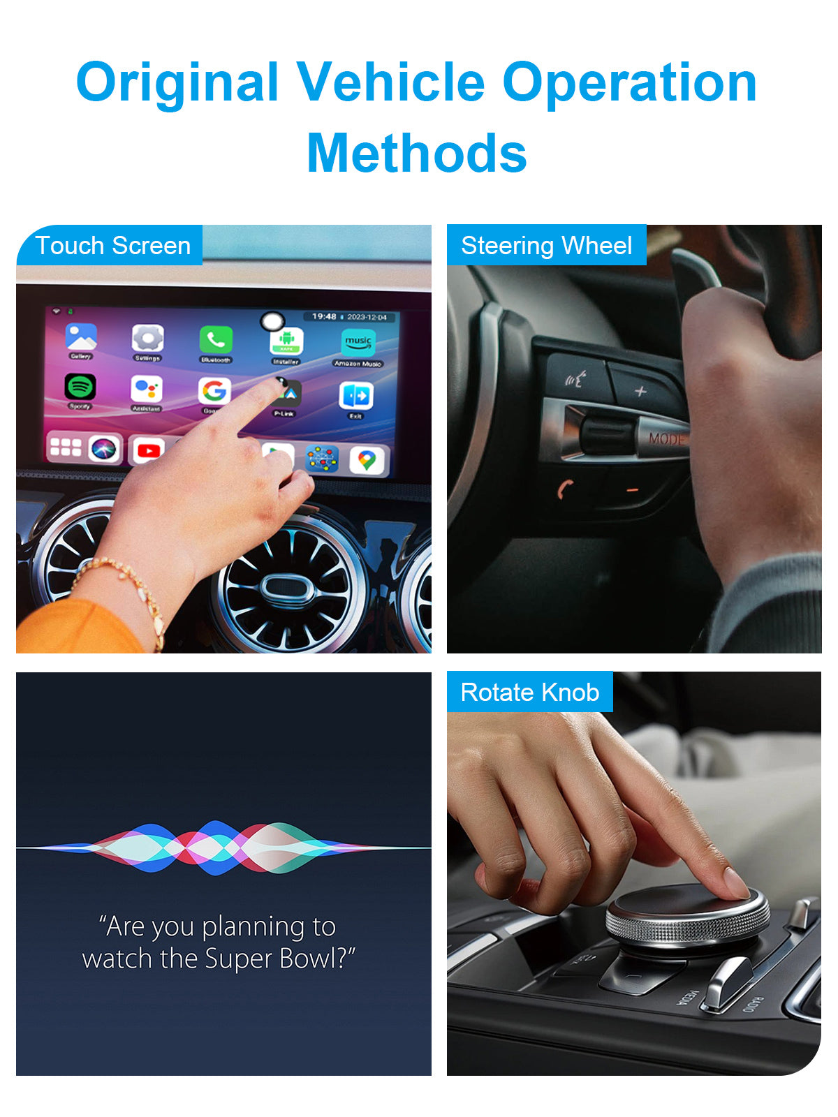 Linkifun Y2 Mini Wireless CarPlay Android Auto Video Box seamlessly integrates with original car controls including knob, touchscreen, and steering wheel buttons