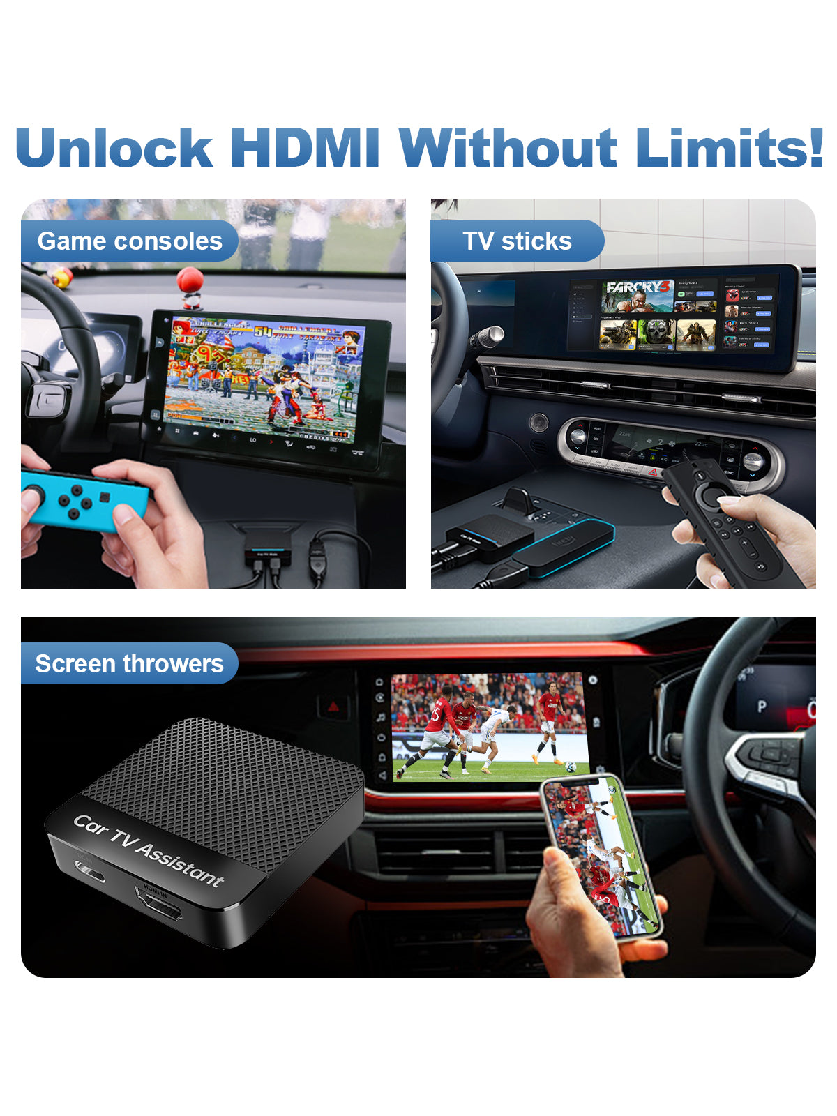 Linkifun Y3H Car TV Mate Pro 2-in-1 HDMI adapter for endless in-car entertainment, supporting gaming consoles, TV sticks, and screen sharing devices on the car display