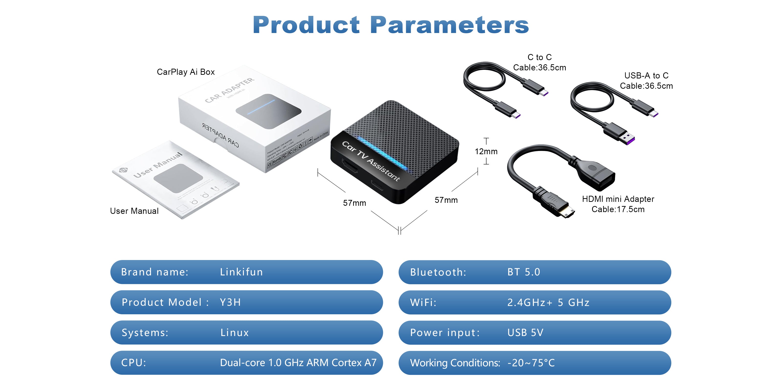 Linkifun Y3H Car TV Mate Pro wireless CarPlay and HDMI adapter product parameters and technical specifications desktop version

