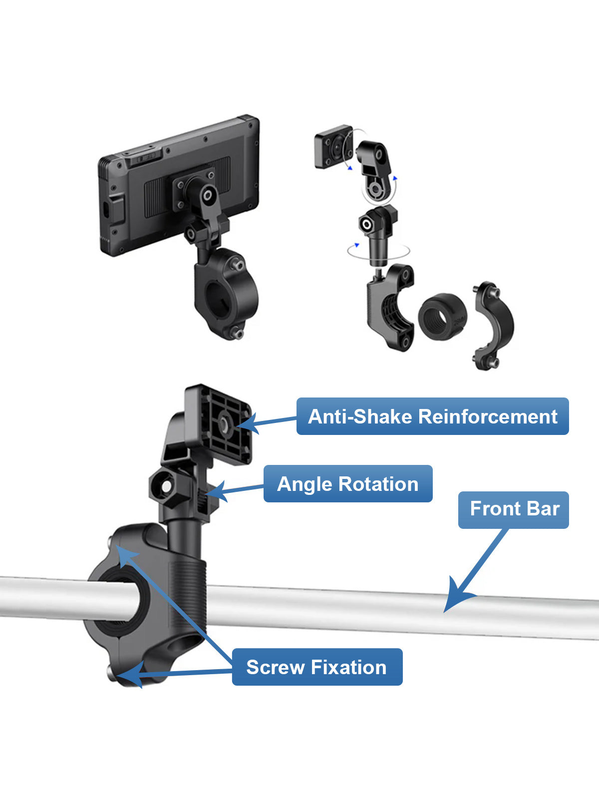 Motorcycle dash cam mounted on handlebars with anti-theft screws for secure attachment, ensuring device security.