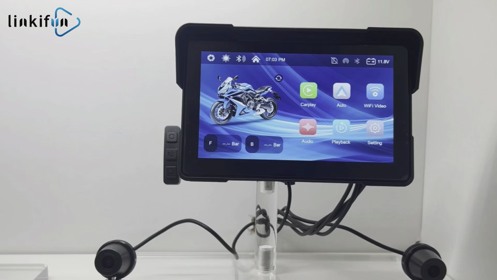 Linkifun MT7A DVR motorcycle navigation screen demo featuring wireless CarPlay, Android Auto, front and rear cameras, TPMS, and handlebar remote control.