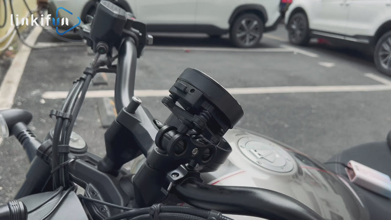 Linkifun M0 motorcycle GPS navigator demo showing simplified navigation, compact waterproof design, and glove-friendly control for riders.