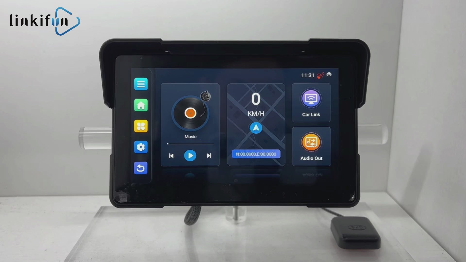 Linkifun MT21 7-inch Android 13 motorcycle navigation screen demo showing wireless CarPlay, Android Auto, built-in GPS, and Wi-Fi connectivity.