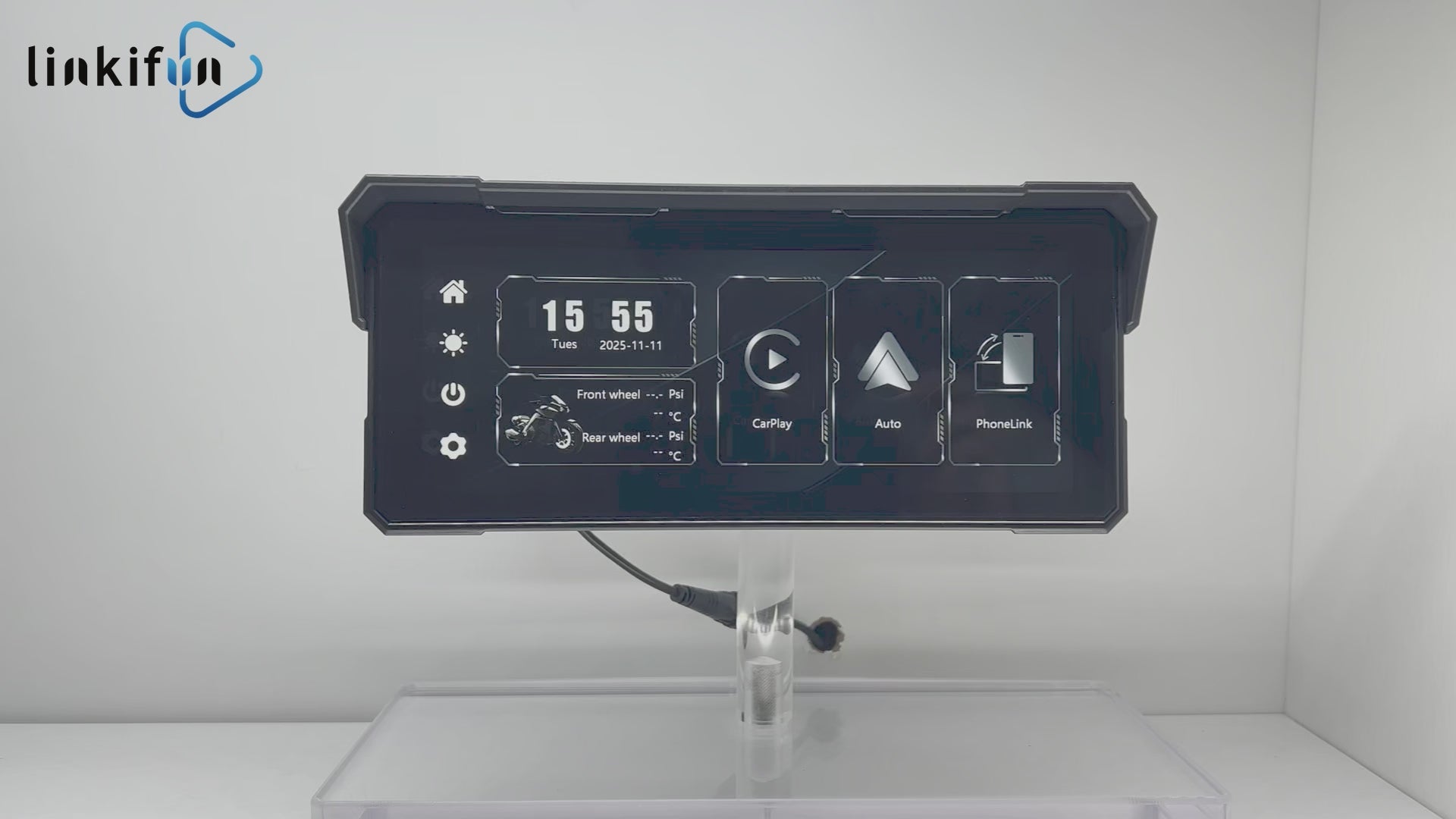 Linkifun MT81 8.1-inch motorcycle navigation screen product demonstration showing wireless CarPlay and Android Auto features