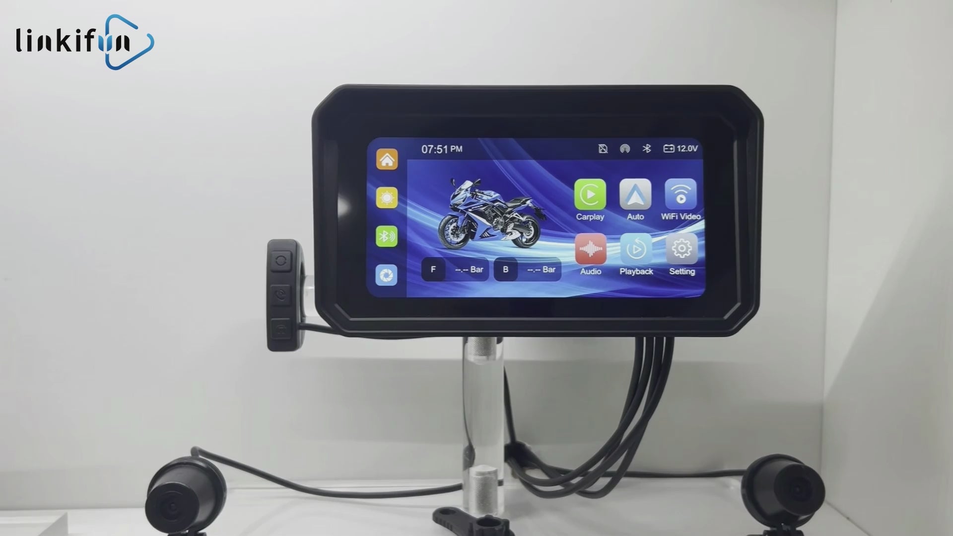 Linkifun MT9A DVR motorcycle navigation screen demo with dual front and rear cameras, wireless CarPlay, Android Auto, TPMS, and wired remote control.