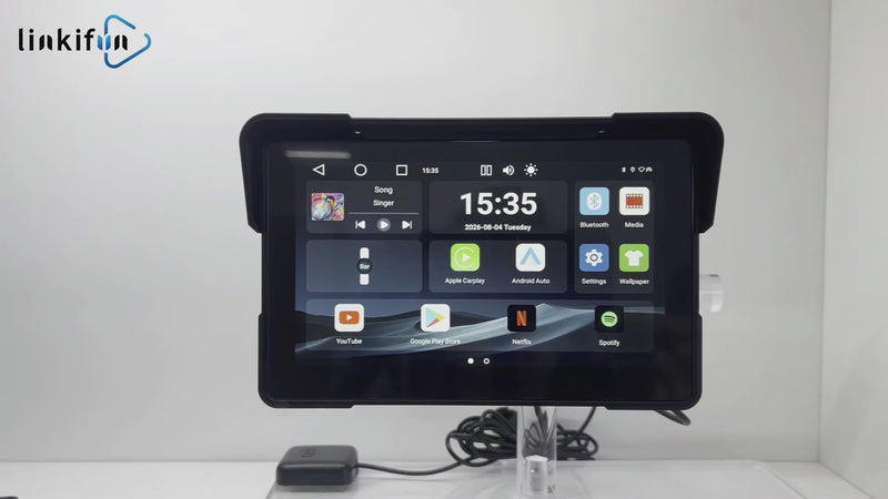 Linkifun MT22 motorcycle display with wireless Apple CarPlay for maps, music, calls, messages, Siri, and portrait or landscape viewing