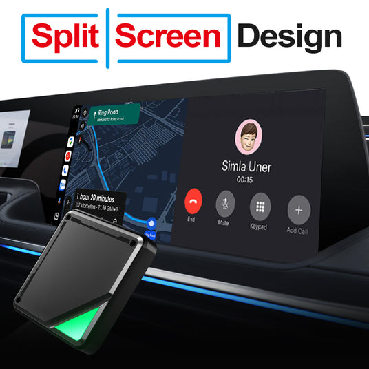  Linkifun A1 displaying split-screen multitasking with navigation and music apps in a car.
